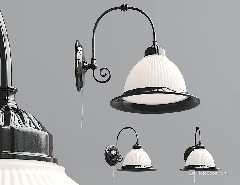 Elegant Classic Wall Sconce With White Lampshade And Black Curved Arm Decorative Scroll Detail 3d model 
