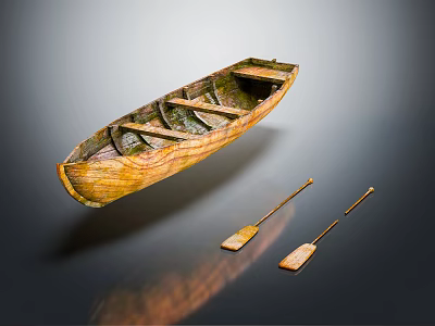 Rustic Wooden Boat With Seats And Two Wooden Oars On Reflective Surface 3d model