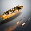 Rustic Wooden Boat With Seats And Two Wooden Oars On Reflective Surface