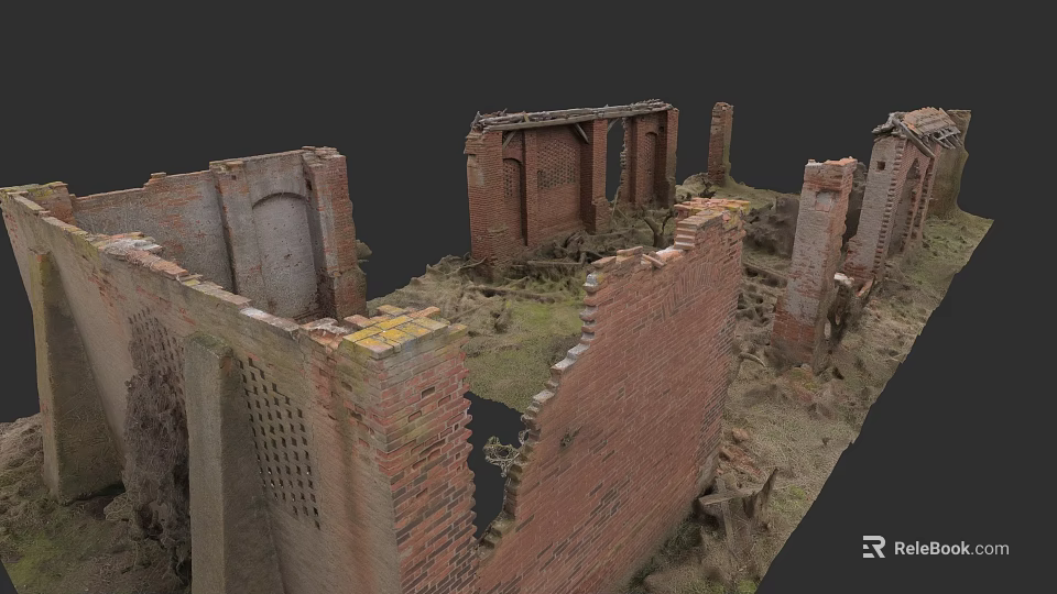 Old Dilapidated Detached Villa with Red Brick Ruins and Overgrown Weeds 3d model 