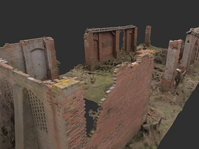 Old Dilapidated Detached Villa with Red Brick Ruins and Overgrown Weeds 3d model