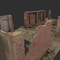 Old Dilapidated Detached Villa with Red Brick Ruins and Overgrown Weeds