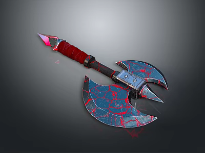 Fantasy Battle Axe With Red Handle And Red Blue Patterned Blade Glowing Tip 3d model