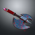 Fantasy Battle Axe With Red Handle And Red Blue Patterned Blade Glowing Tip