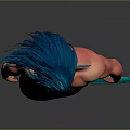 Muscular Male Mermaid With Blue Long Hair And Green Fish Tail On Dark Background