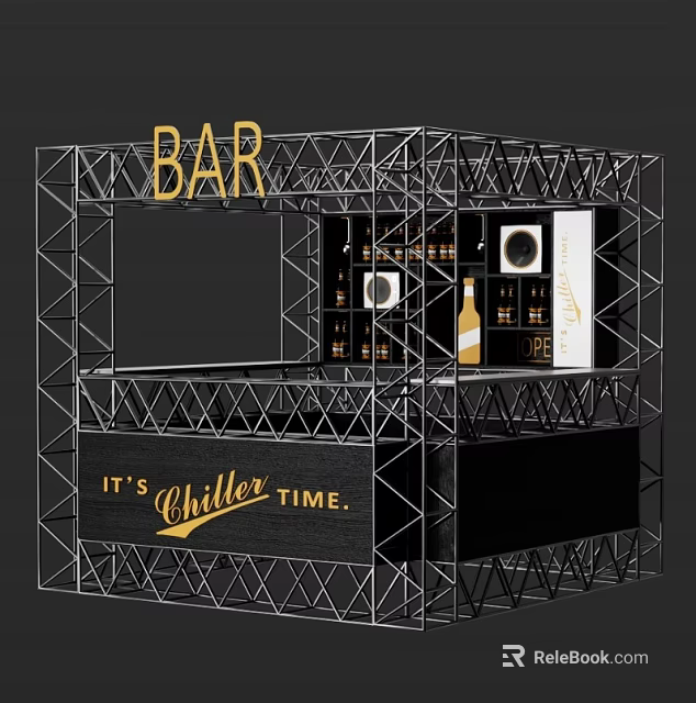 Modern Bar Counter with Metal Frame Structure BAR Sign Chiller Time Text and Beverage 3d model 