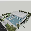 Modern Sales Office Building With Glass Curtain Wall And Pool Water Reflection Greenery