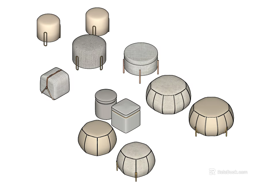 Various Modern Ottoman Designs With Different Shapes And Neutral Colors 3d model