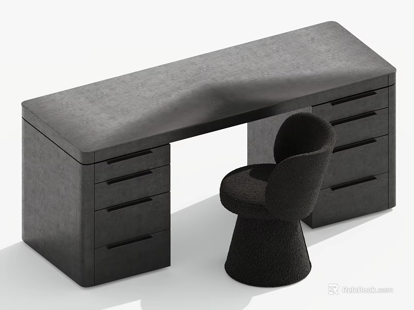Contemporary Black Desk With Smooth Top Multiple Drawers And Stylish Sculptural Chair 3d model 