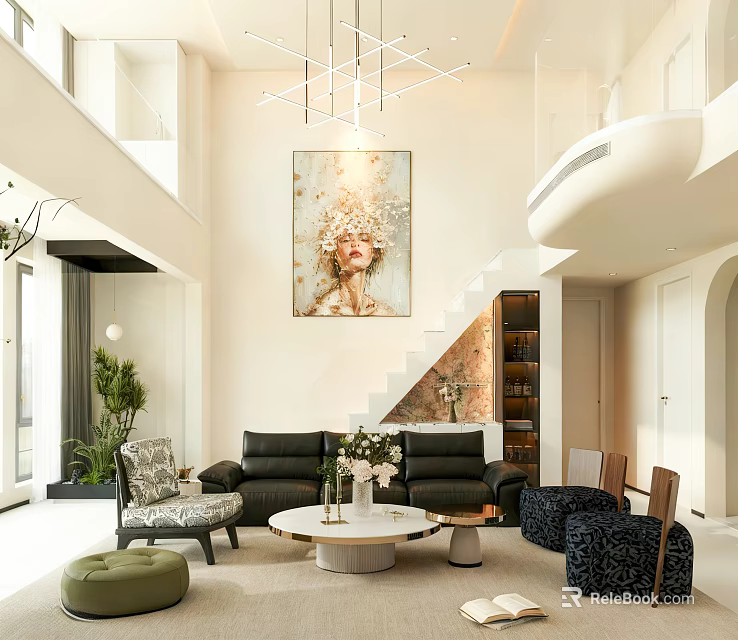 Modern Duplex Living Room Interior With Sofa Coffee Table Staircase Artwork And Green Plants 3d model 