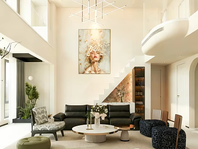 Modern Duplex Living Room Interior With Sofa Coffee Table Staircase Artwork And Green Plants 3d model