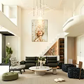 Modern Duplex Living Room Interior With Sofa Coffee Table Staircase Artwork And Green Plants