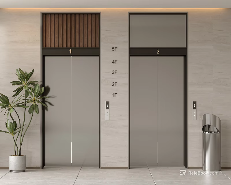 Modern Elevator Lobby Featuring Two Elevators Floor Indicator Potted Plant And Trash Bin 3d model