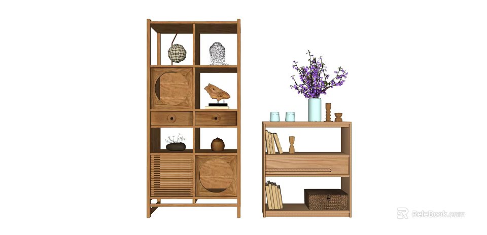 Natural Wooden Decorative Cabinets With Shelves Drawers Purple Flowers And Books 3d model 