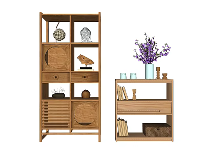 Natural Wooden Decorative Cabinets With Shelves Drawers Purple Flowers And Books 3d model