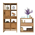 Natural Wooden Decorative Cabinets With Shelves Drawers Purple Flowers And Books