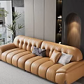 Modern Living Room Interior With Tan Leather Sofa Throw Pillows And Plants Near Large Windows