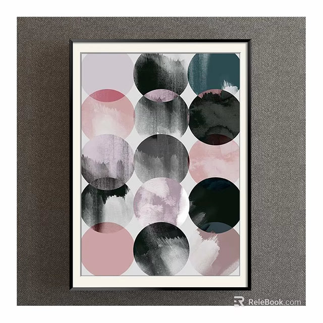 Decorative Painting With Circular Patterns In Pink Black Gray And White Frame On Dark Wall 3d model 