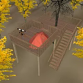 Scenic Wooden Road Facility Platform With Green Tent Statue Two Figures And Yellow Trees
