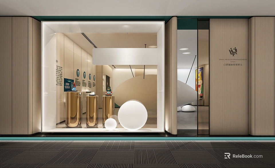 Modern Storefront Design With Wooden Walls Illuminated Display Counters Round Decorative Elements And Brand Logo 3d model 