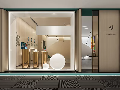 Modern Storefront Design With Wooden Walls Illuminated Display Counters Round Decorative Elements And Brand Logo 3d model