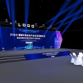 Elegant Banquet Hall With Blue Lighting Stage Logo Round Tables White Tablecloths And Chairs