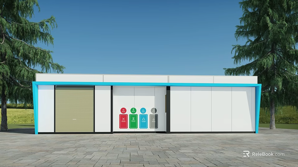 Modern Recycling Station With Colorful Bins White Exterior And Blue Trim 3d model 