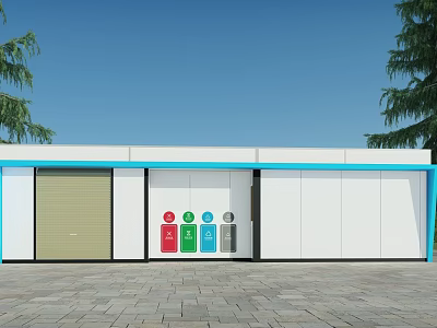 Modern Recycling Station With Colorful Bins White Exterior And Blue Trim 3d model