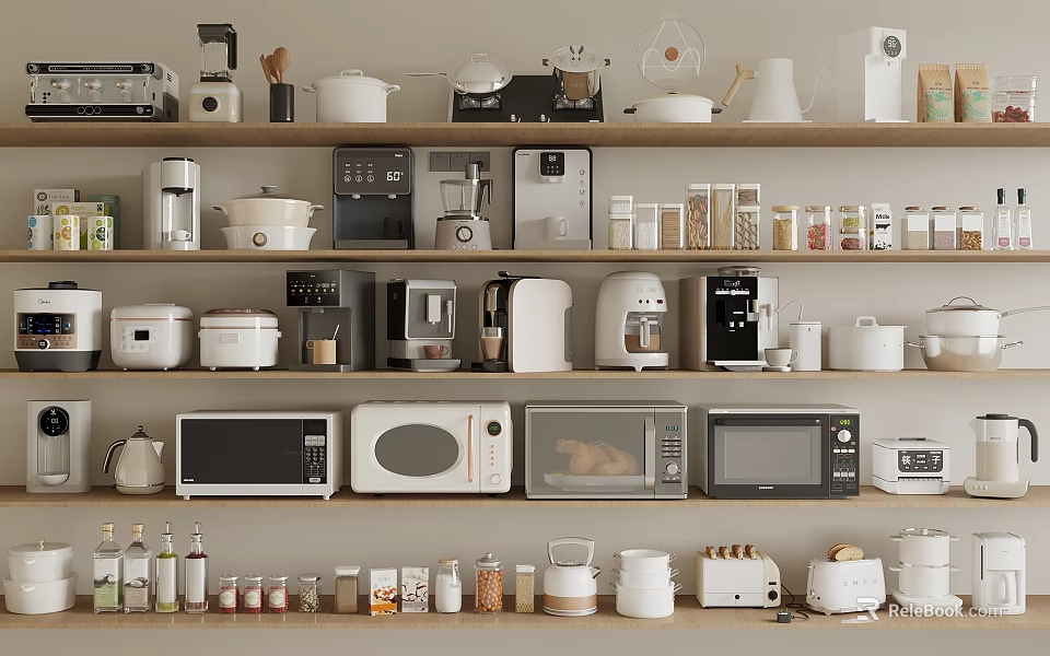 Organized Kitchen Shelves With Various Small Appliances And Storage Jars 3d model 