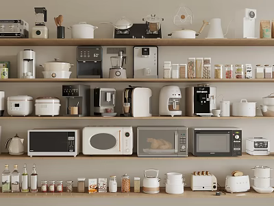 Organized Kitchen Shelves With Various Small Appliances And Storage Jars 3d model
