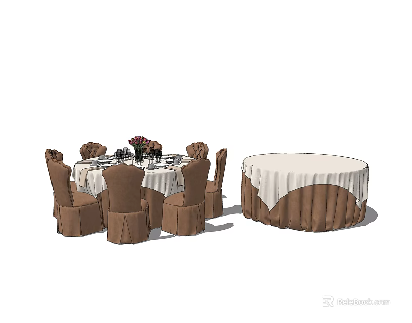 Round Dining Table Set With Brown Chairs White Tablecloth And Flower Decor 3d model 