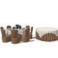 Round Dining Table Set With Brown Chairs White Tablecloth And Flower Decor 3d model