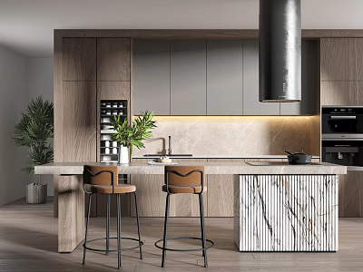 Modern Kitchen Design With Wooden Cabinets Marble Island And Bar Stools 3d model