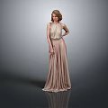 Woman In Long Beige Dress Standing Elegantly With Gray Background And Reflective Floor