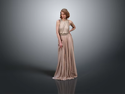 Woman In Long Beige Dress Standing Elegantly With Gray Background And Reflective Floor 3d model