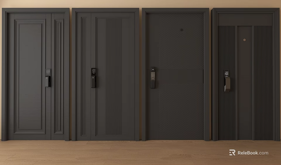 Multiple Black Security Doors Side By Side With Different Handle And Lock Designs 3d model