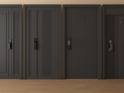 Multiple Black Security Doors Side By Side With Different Handle And Lock Designs 3d model