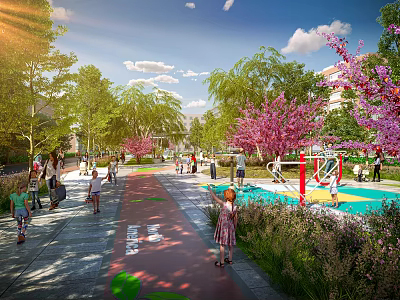 Scenic Park Landscape With Tree-lined Walking Path Colorful Flowers Children's Playground And Green Lawns 3d model