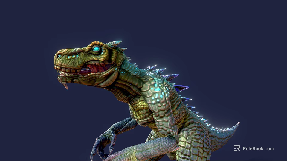 Game Movie Character Green Scaly Dinosaur with Blue Eyes Sharp Teeth Open Mouth Spiked Back 3d model 