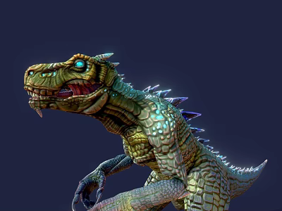 Game Movie Character Green Scaly Dinosaur with Blue Eyes Sharp Teeth Open Mouth Spiked Back 3d model
