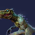 Game Movie Character Green Scaly Dinosaur with Blue Eyes Sharp Teeth Open Mouth Spiked Back