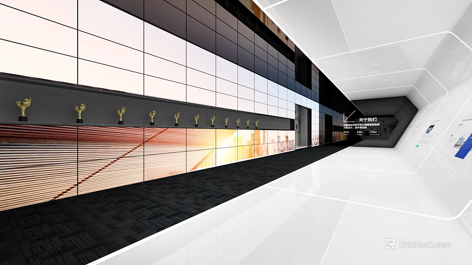 Modern Exhibition Hall With Multiple Screens Golden Trophies Black Floor White Ceiling And Entrance Sign 3d model 