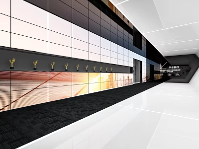 Modern Exhibition Hall With Multiple Screens Golden Trophies Black Floor White Ceiling And Entrance Sign 3d model