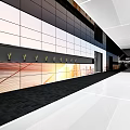 Modern Exhibition Hall With Multiple Screens Golden Trophies Black Floor White Ceiling And Entrance Sign