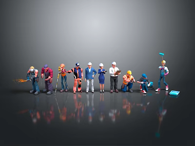 Diverse Professional Figurines Standing With Orange Creature Model On Dark Surface 3d model