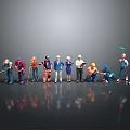 Diverse Professional Figurines Standing With Orange Creature Model On Dark Surface