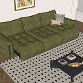 Green velvet multi-seater sofa with tufted design and throw pillows in modern living room