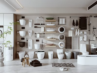 Various Toilet Designs In Modern Bathroom With Shelves Towels And Bathtub 3d model