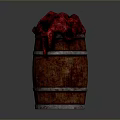 Rustic Wooden Barrel With Red Fabric Cover And Metal Hoops Design