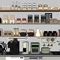 Organized Modern Kitchen Interior With Kitchenware Storage Shelves Coffee Machine Kettle Oven And Cabinets 3d model